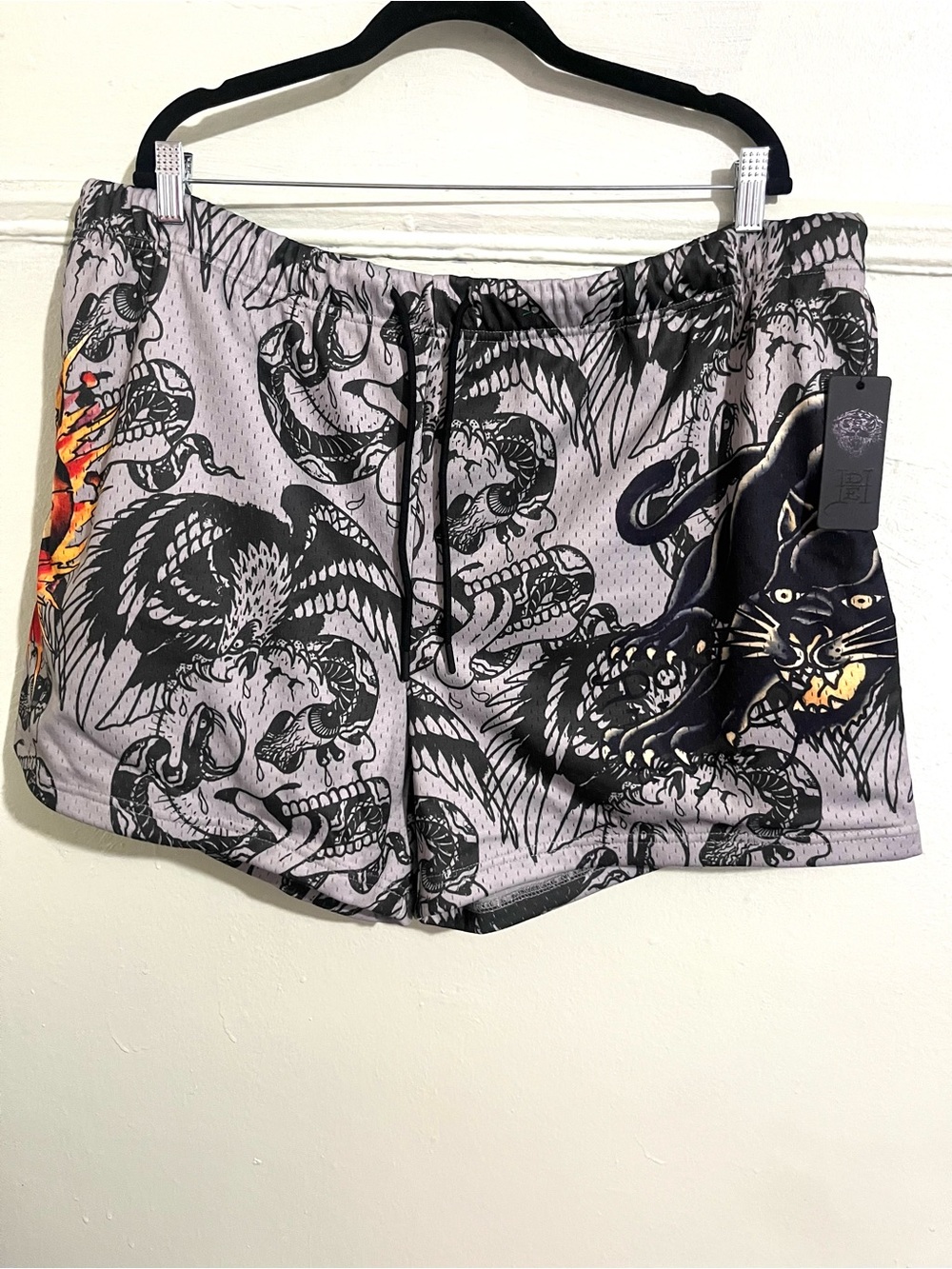 Ed Hardy Gray Graphic Mesh Shorts with Black Panther & Skull Print